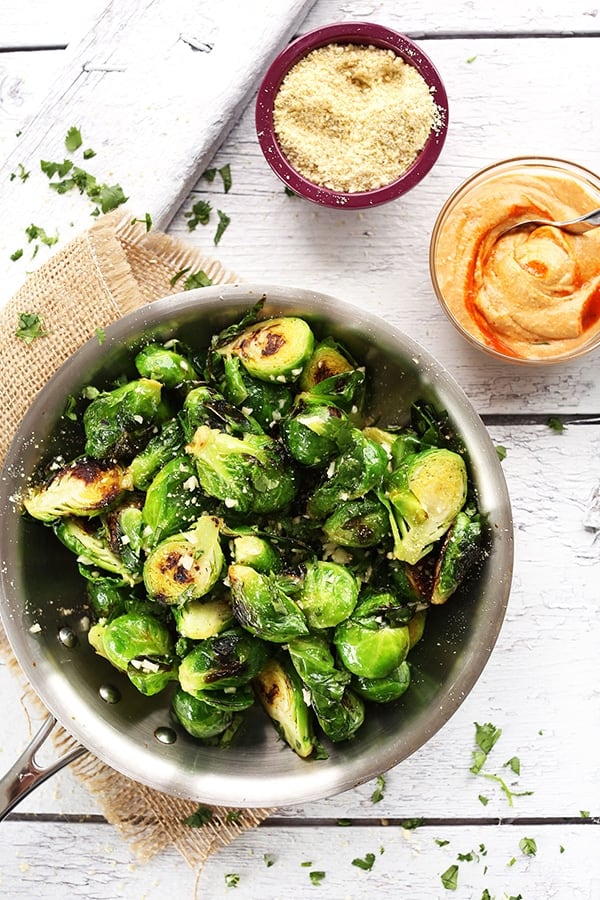 Crispy Garlic Brussels Sprouts with Sriracha Aioli For the brussels sprouts purists out there, this crispy Brussel sprouts with a creamy, vegan Sriracha aioli, will be the perfect side for your Christmas meal.