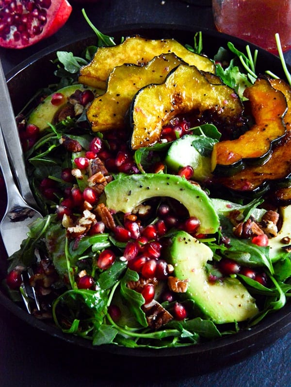 Autumn Arugula Salad with Caramelized Squash, Spiced Pecans and Pomegranate Ginger Vinaigrette A quick and yummy salad, with squash as the centrepiece.