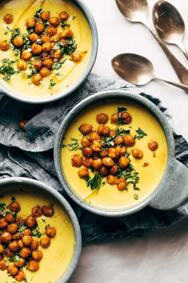 Golden Soup If you need something to warm you up on Christmas day, this bright and super creamy soup is for you. With turmeric, cauliflower, and cashews, topped with crispy chickpeas this is the perfect festive soup!