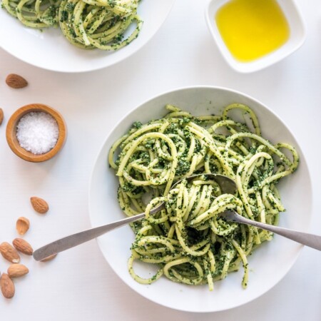 Tuscan kale pesto pasta in a white plate