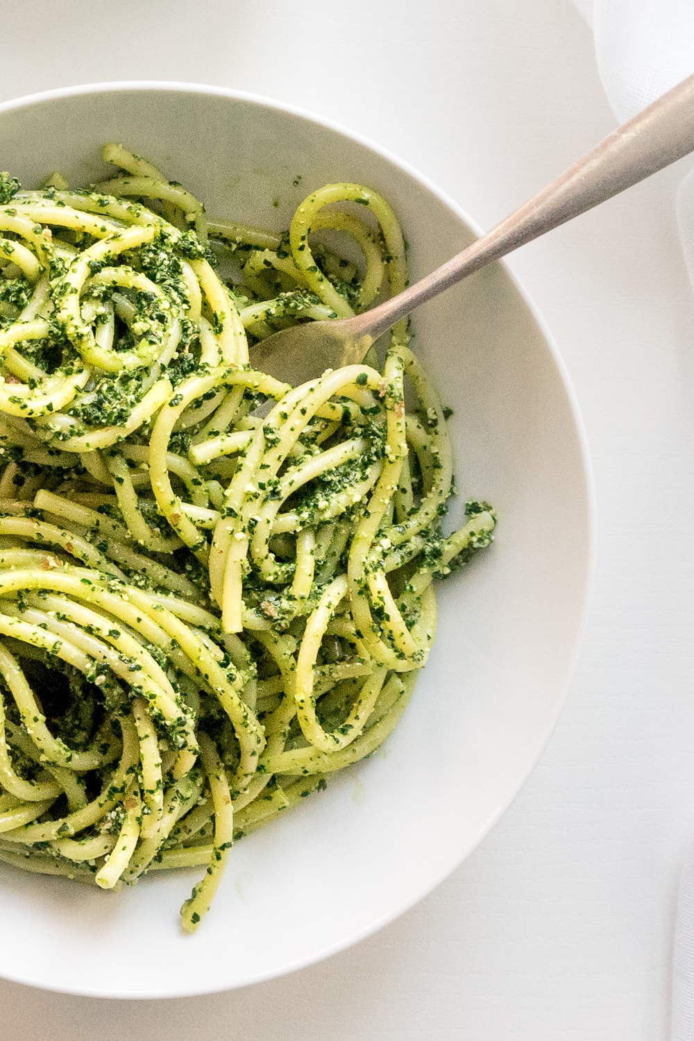 Top view of pasta with Tuscan kale pesto