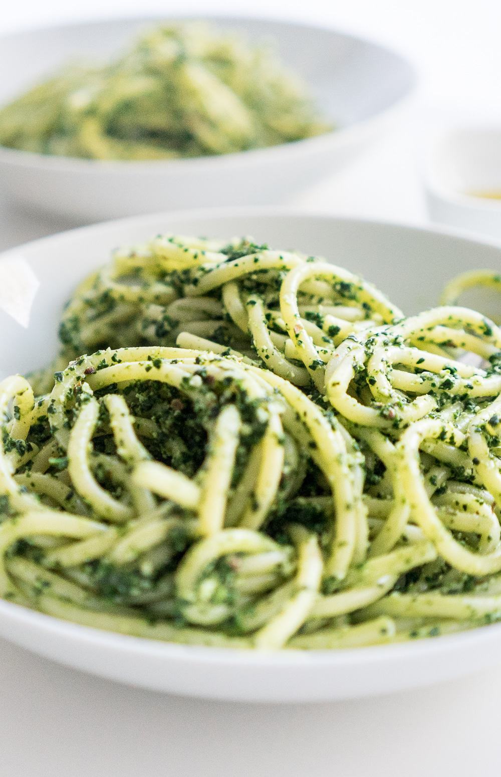3/4 view of pasta with black kale pesto
