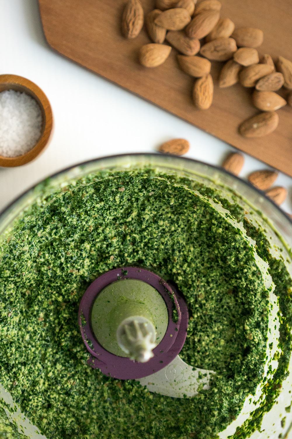 Top view of food processor with Tuscan Kale Pesto