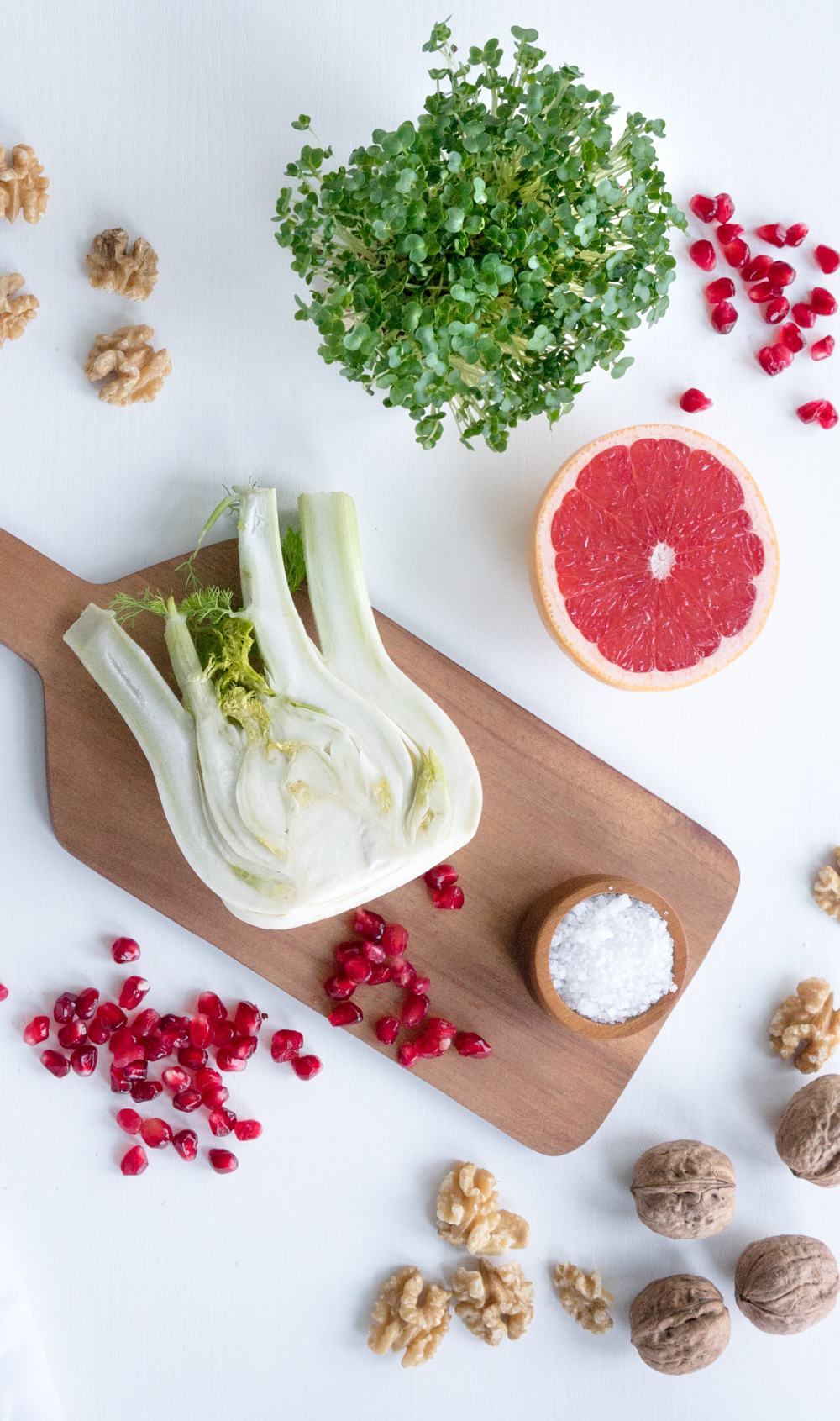 A festive and colourful salad that will brighten up any winter day. A delicious mix of crunchy pomegranate seeds and walnuts with grapefruit and fennel.