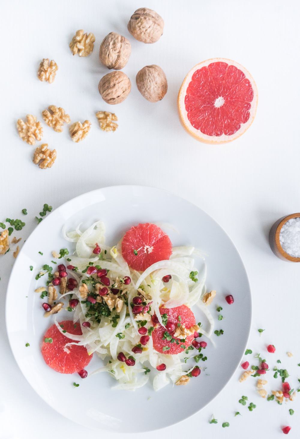 A festive and colourful salad that will brighten up any winter day. A delicious mix of crunchy pomegranate seeds and walnuts with grapefruit and fennel.