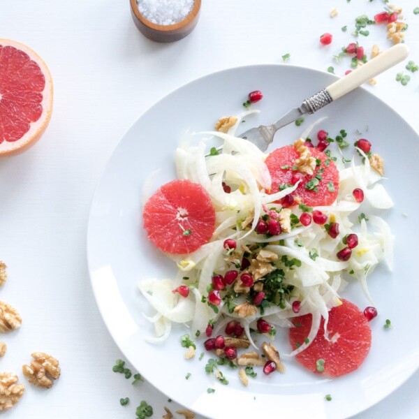 A festive and colourful salad that will brighten up any winter day. A delicious mix of crunchy pomegranate seeds and walnuts with grapefruit and fennel.