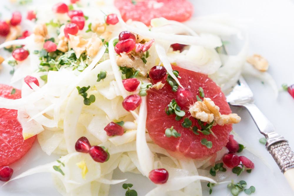 A festive and colourful salad that will brighten up any winter day. A delicious mix of crunchy pomegranate seeds and walnuts with grapefruit and fennel.