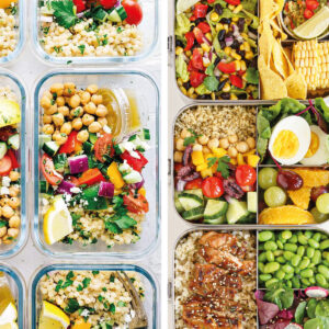 Collage of healthy meal prep ideas.