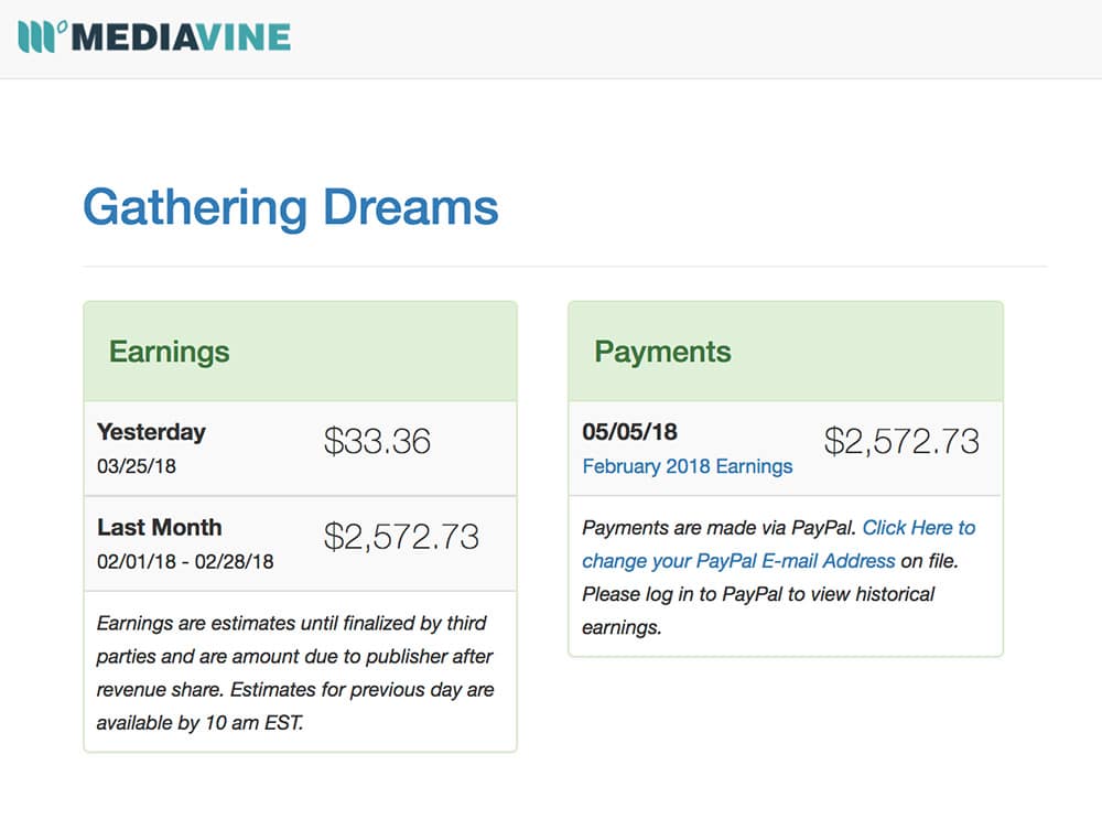 Gathering Dreams - Mediavine Income Report