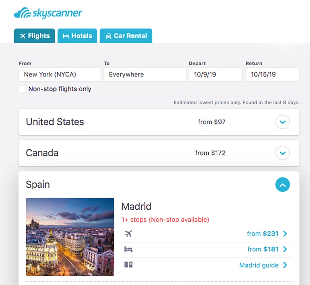 Screenshot of Skyscanner