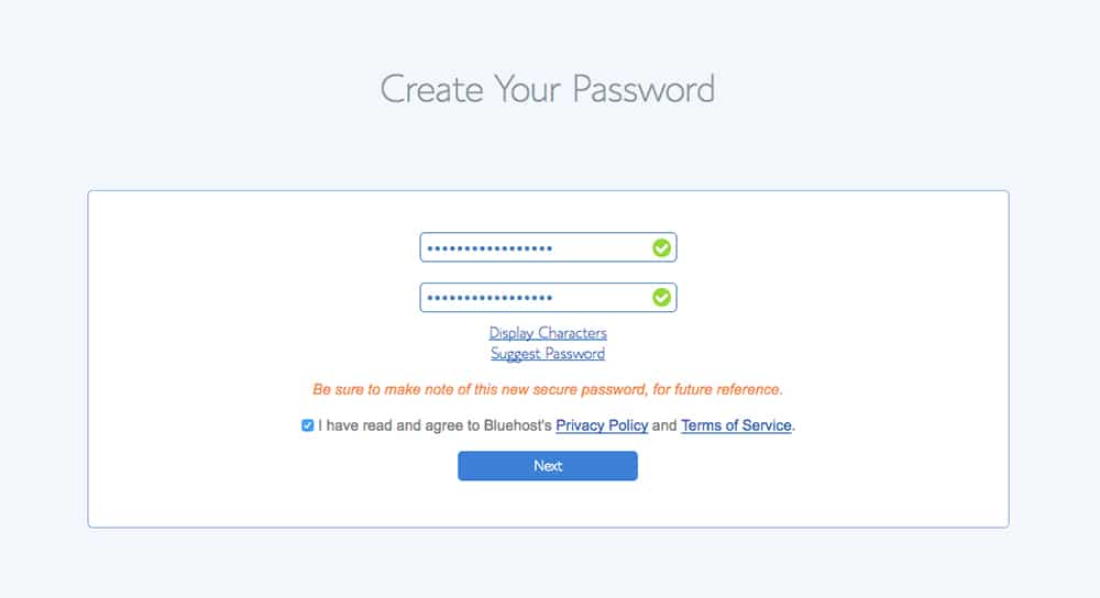 Screenshot of Bluehost page to set up password