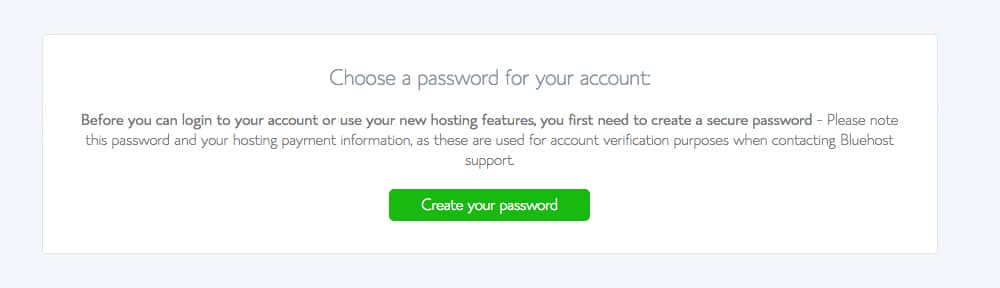Screenshot of Bluehost page to set up password
