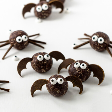 Close up of monster energy balls as spiders and bats for Halloween