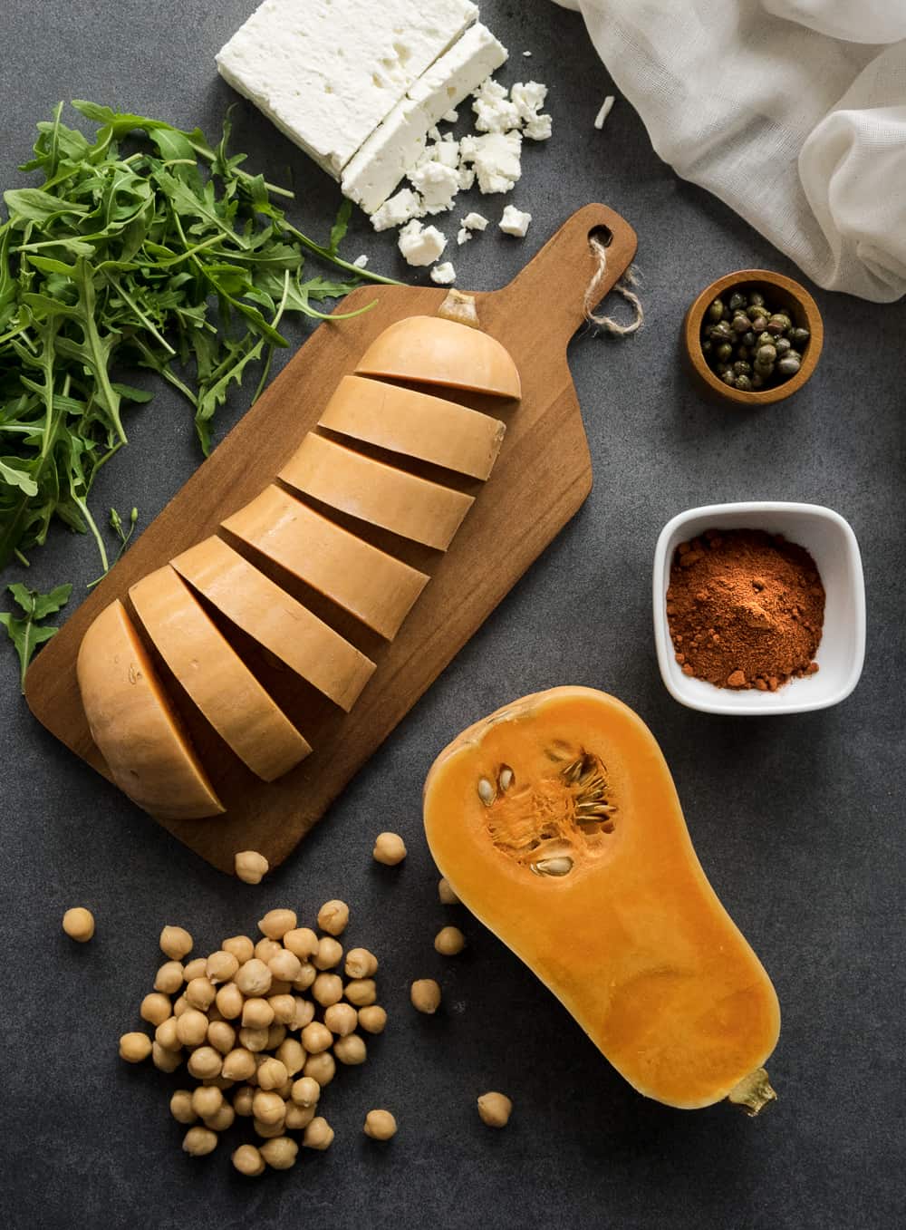 The main ingredients for this roasted butternut squash salad with feta. It's healthy, easy to make and tastes amazing! The perfect fall recipe!