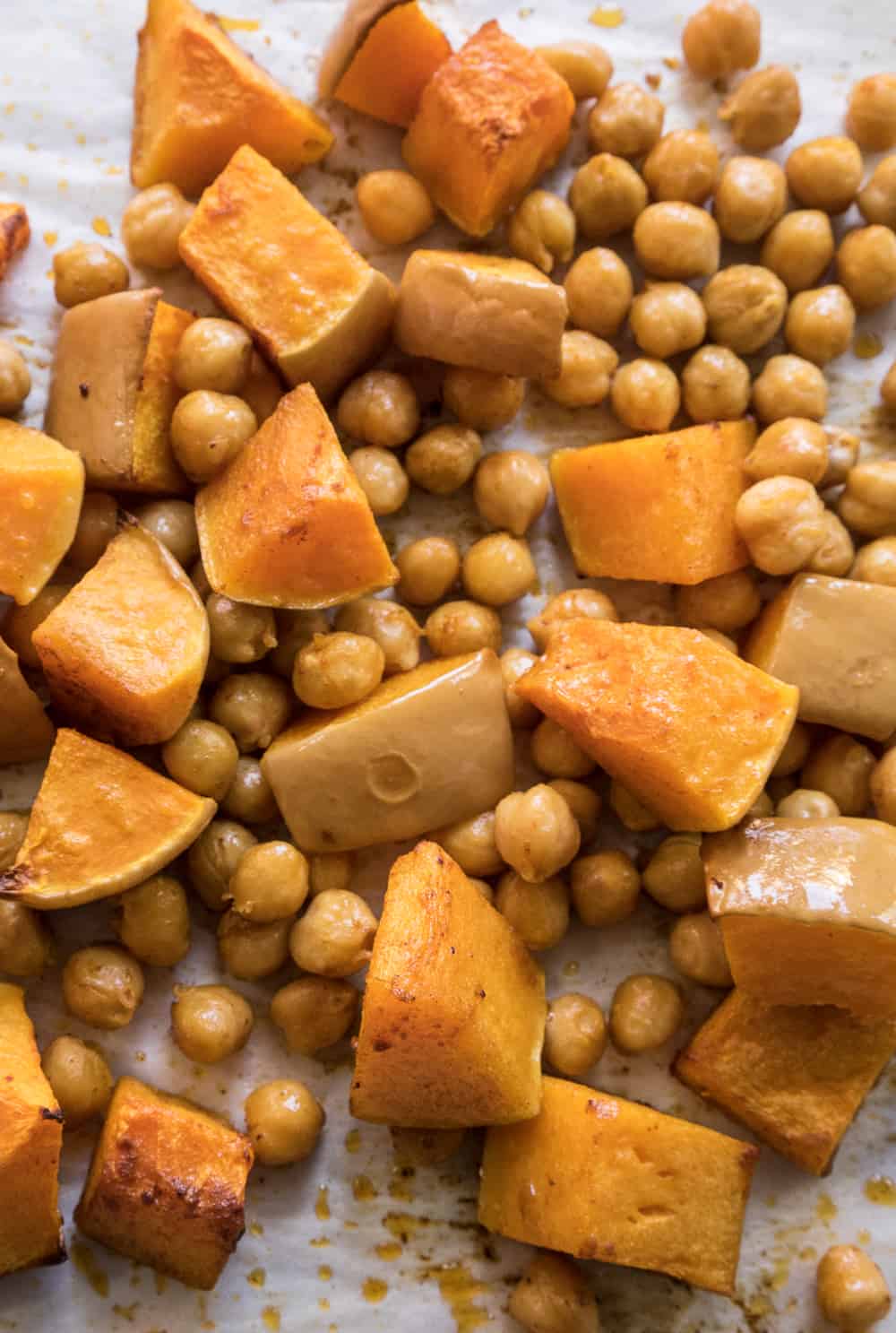 Roasted butternut squash and chickpeas, warm out of the oven!