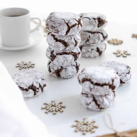 Side view of a stack of vegan chocolate amaretti