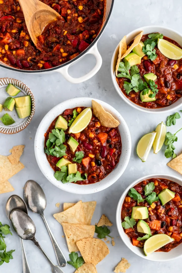 top view of bowls filled with vegan chili
