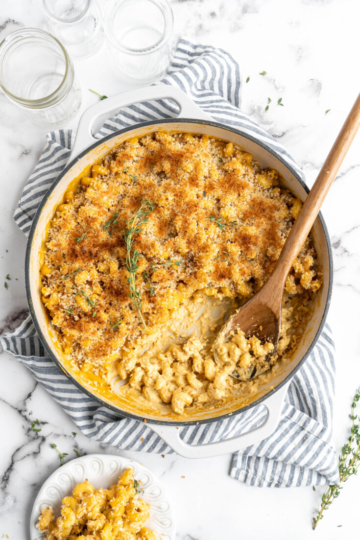 Top view of pot filled with baked mac and cheese