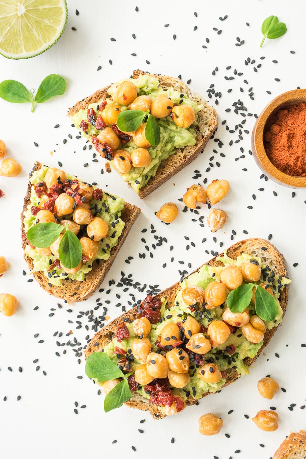 Top view of 2 vegan avocado toasts
