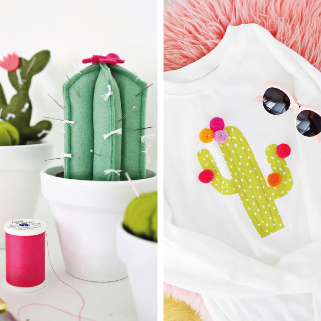 Collage of DIY pincushions and t-shirt