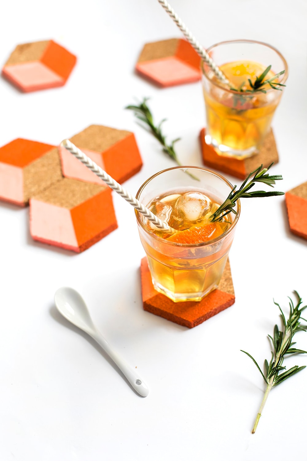 Homemade coasters used under a glass of cocktail 