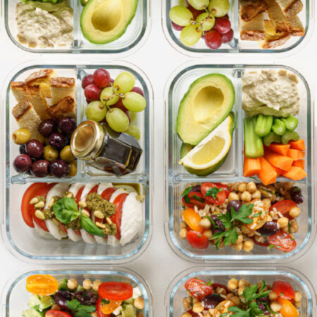 Top view of several lunch box ideas