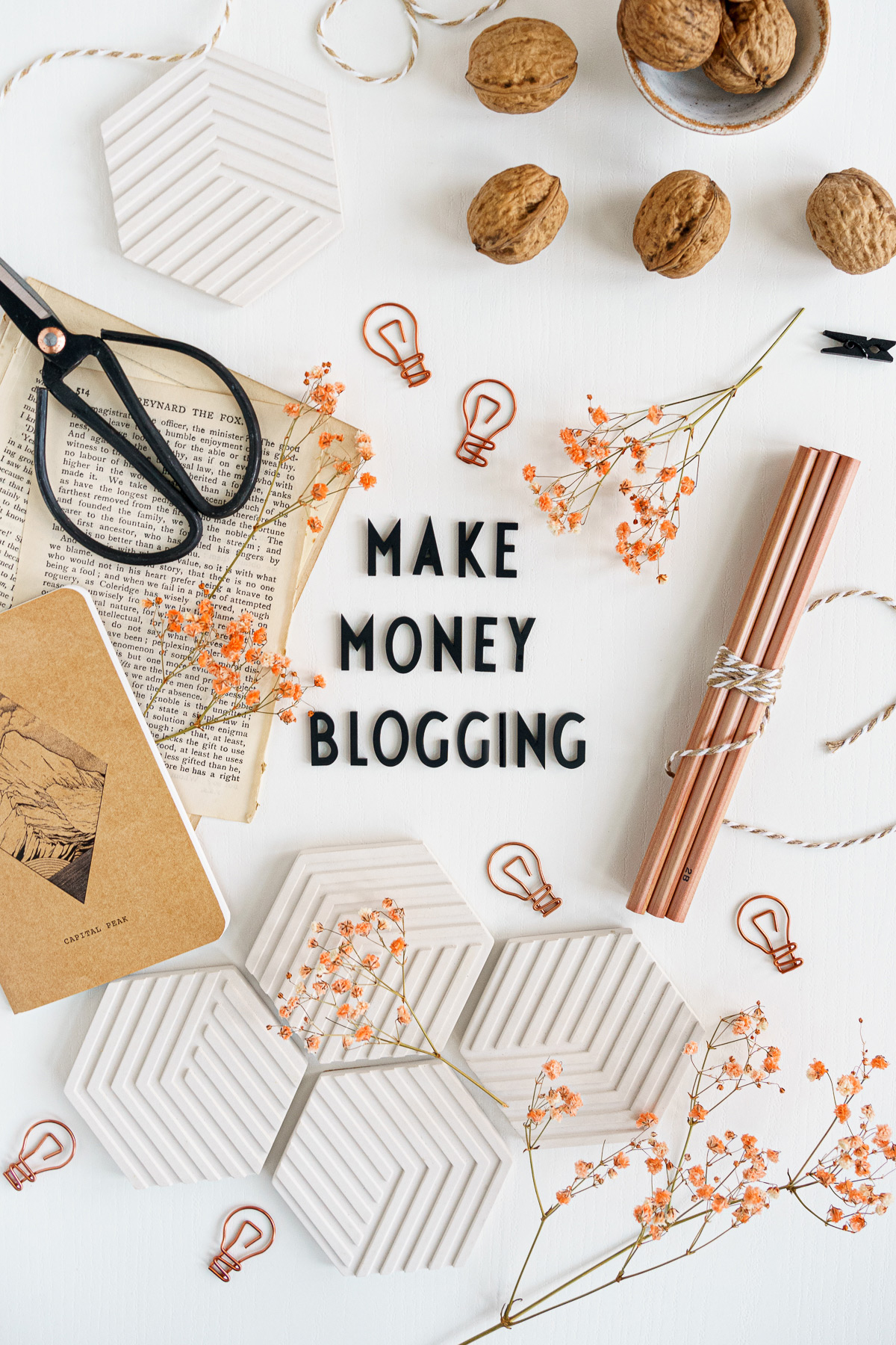 Top down view of desk with letters saying "Make Money Blogging"