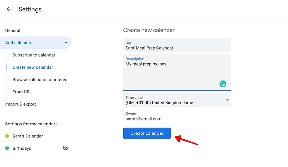 Meal planning calendar: Google Calendar