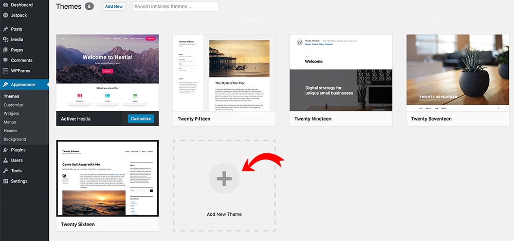 Screenshot from WordPress to show how to install a theme
