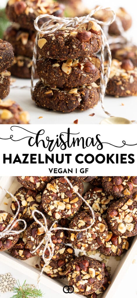 Indulgent Vegan Chocolate Hazelnut Cookies! Easy cookies that are the best for any occasion. The holidays, Christmas, or anytime you might want to bake an easy and delicious vegan, gluten-free, refined sugar-free cookie. The perfect guilt-free treat&nbsp;#christmascookies&nbsp;#vegan&nbsp;#glutenfree&nbsp;#veganrecipes&nbsp;#christmasrecipes&nbsp;#cookierecipes&nbsp;#sugarfree&nbsp;