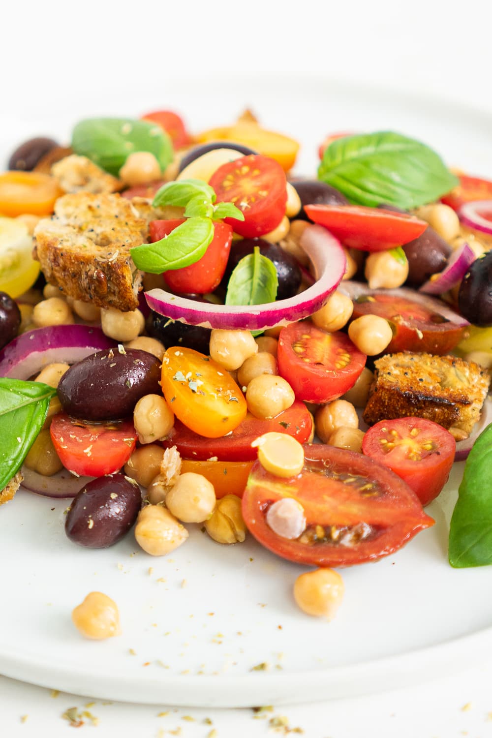 3/4 view of Panzanella in a plate: Panzanella is a colorful and hearty Italian salad that puts to good use juicy tomatoes and stale bread. 