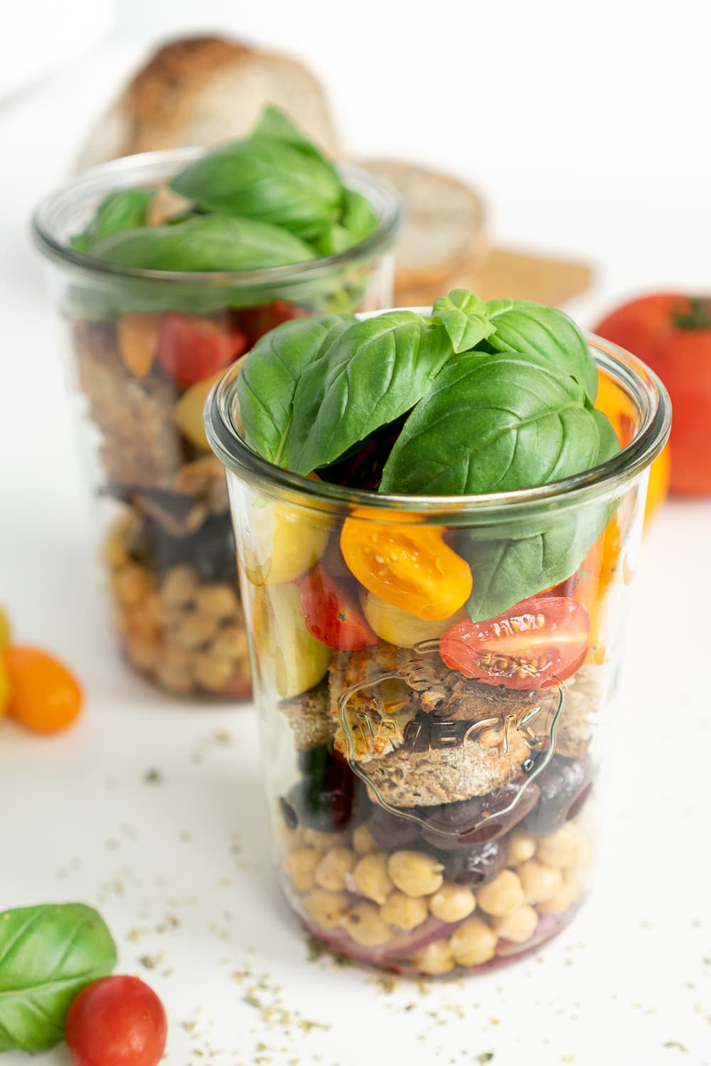 3/4 view of Panzanella in a mason jar.