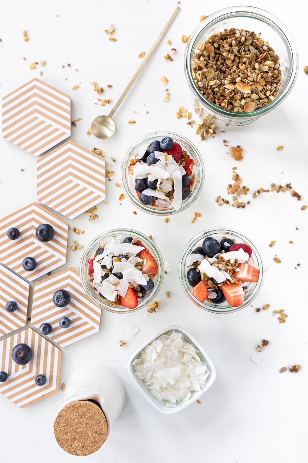 Top view of Yogurt parfaits in glass jars