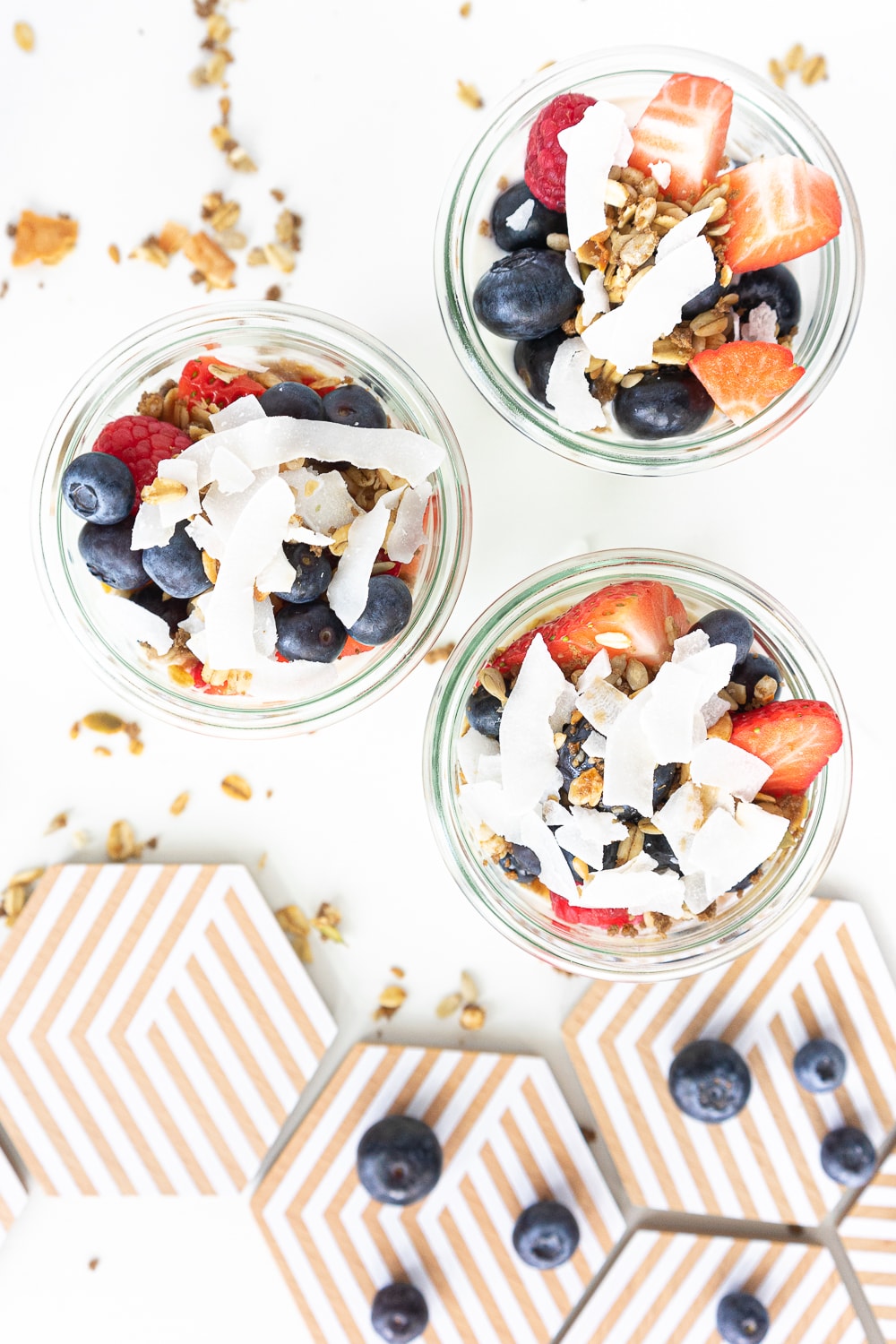 Top view of Yogurt parfaits in glass jars