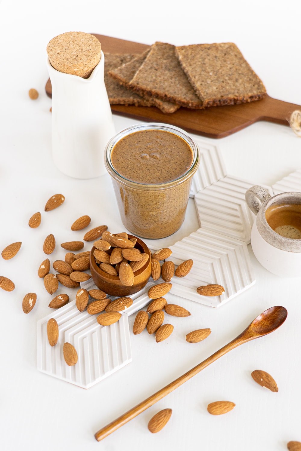 Small glass jar filled with almond butter