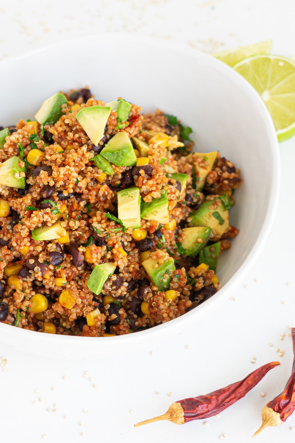 3/4 view of one-pan Mexican quinoa: perfect weeknight dinner recipe, ready in less than 30 minutes.