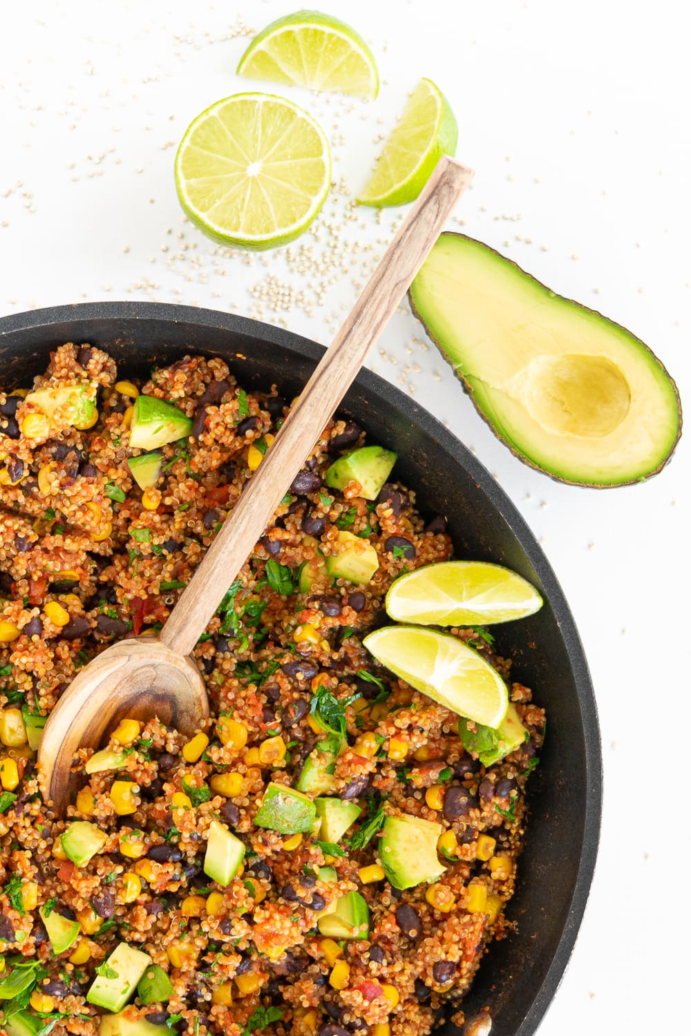 Top view of one-pan Mexican quinoa: perfect weeknight dinner recipe, ready in less than 30 minutes.
