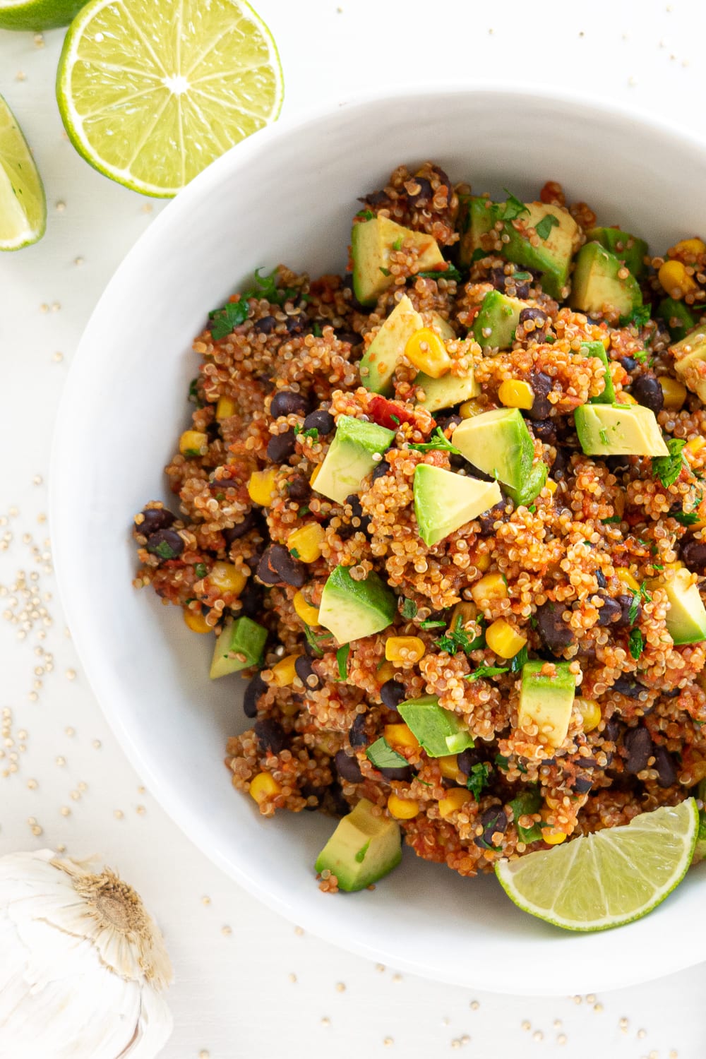 Top view of one-pan Mexican quinoa: perfect weeknight dinner recipe, ready in less than 30 minutes.