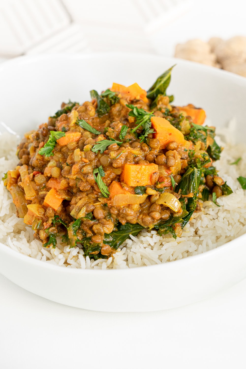 Close up of a white plate with coconut lentil curry and basmati rice