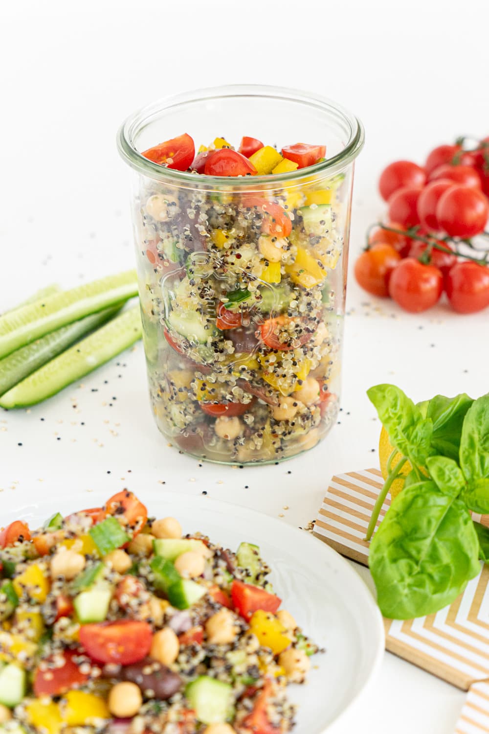 Mediterranean quinoa salad in a jar for easy transport and storage for meal prep