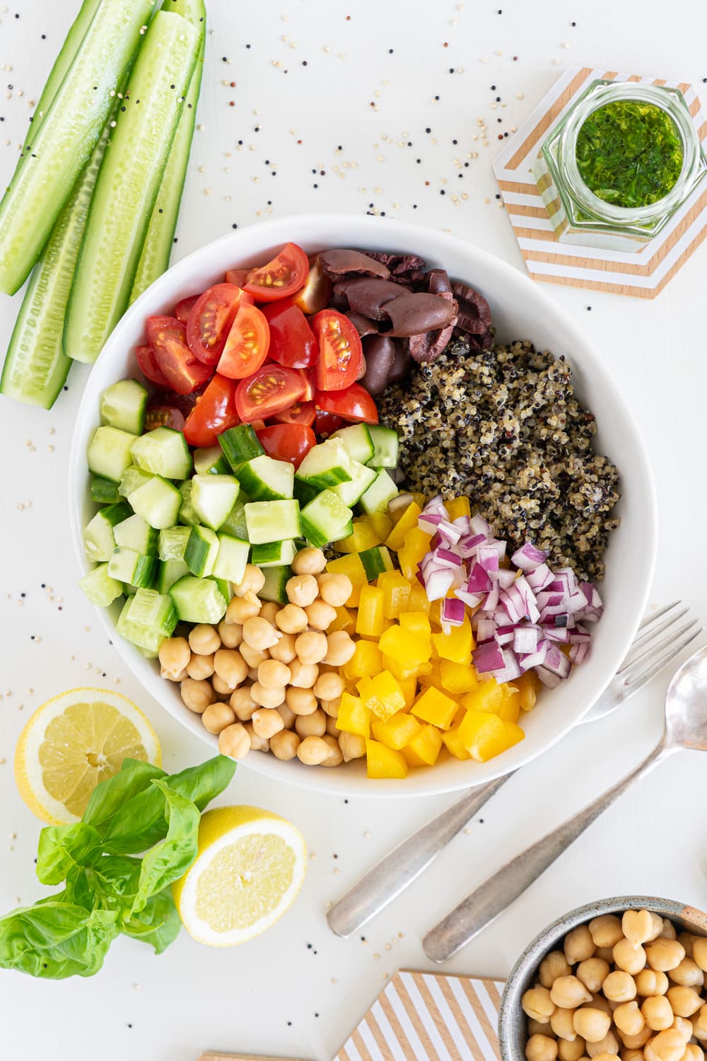 Mediterranean quinoa salad in a bowl.