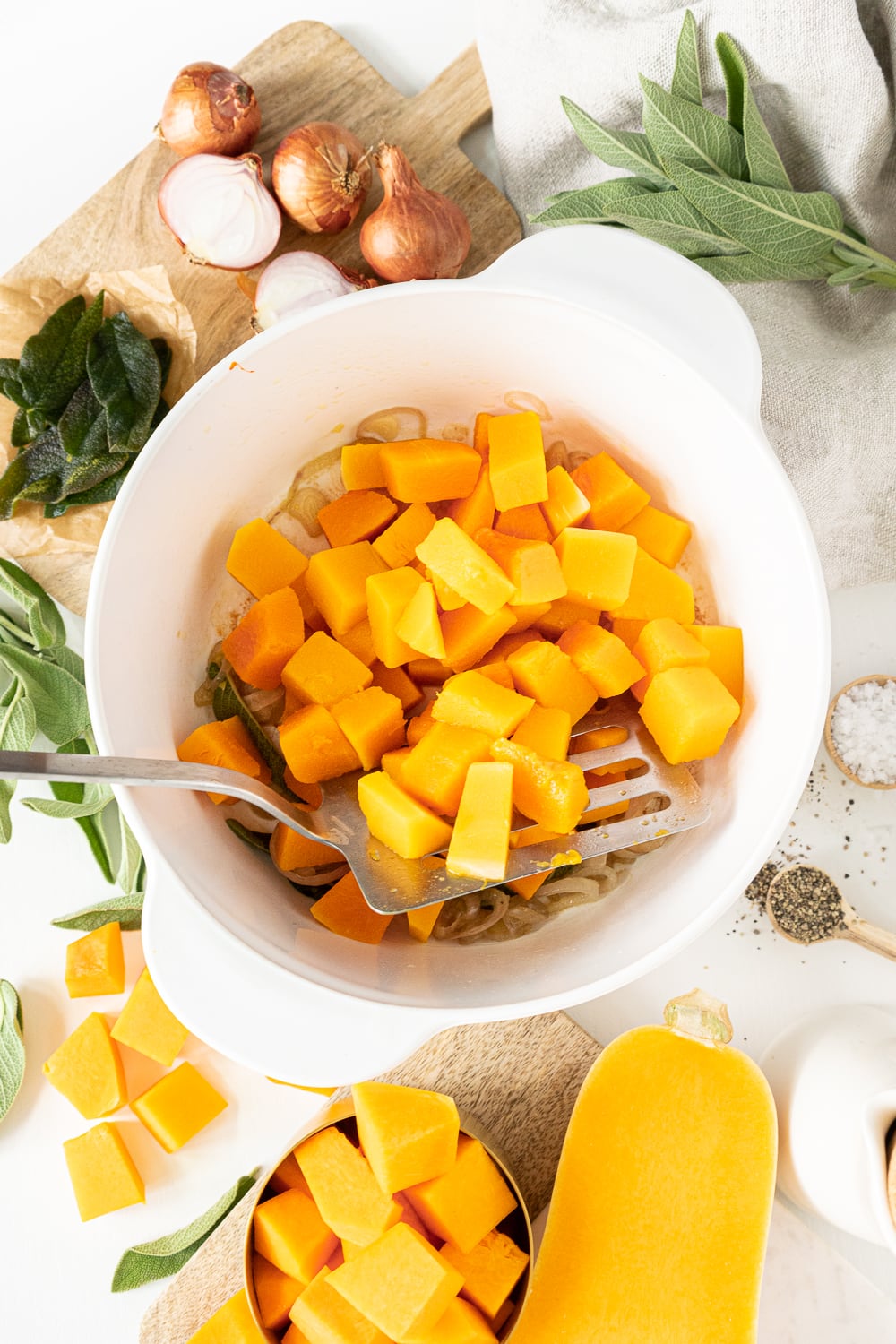 Top view of pan with cooked butternut squash