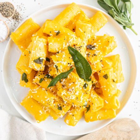 Top view of creamy butternut squash pasta