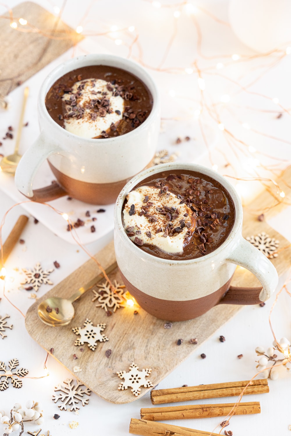 Two mugs filled with healthy hot chocolate