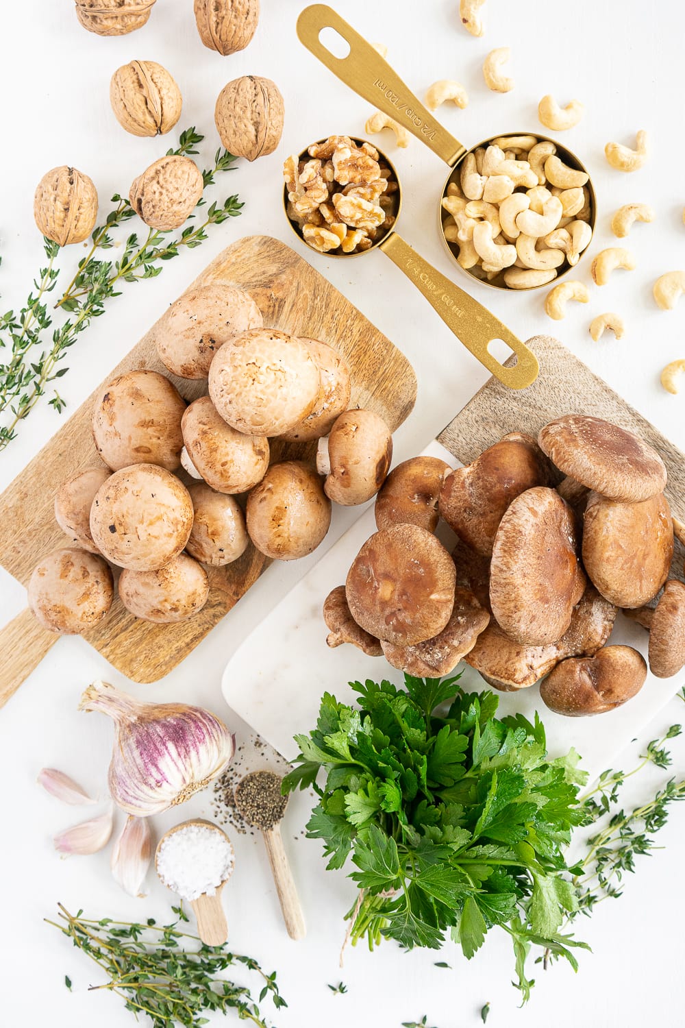 Top view of all ingredients needed to make vegan mushroom pasta