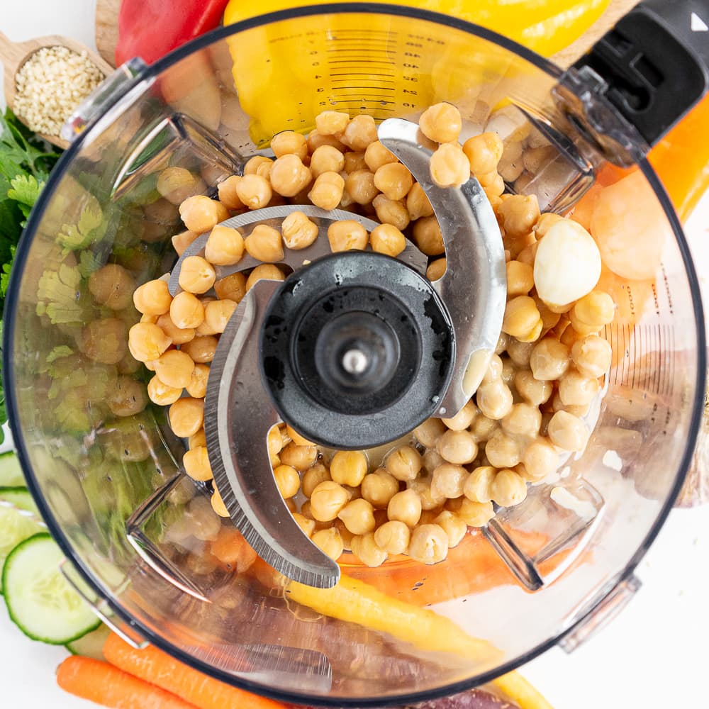 top view of food processor with chickpeas