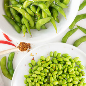 Top view of two edamame recipes