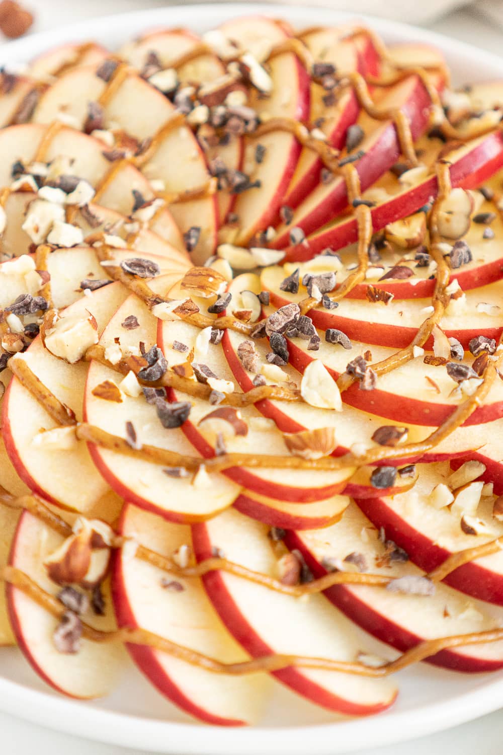 Three quarter view of a plate with apple nachos with peanut butter, chocolate nibs, and chopped nuts