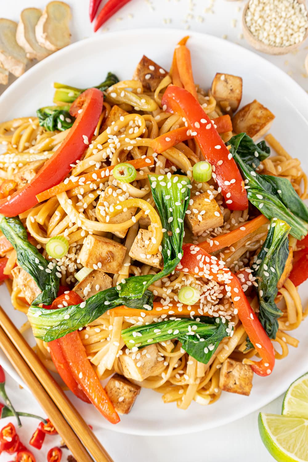 Top view of plate with vegan stir-fry noodles with tofu