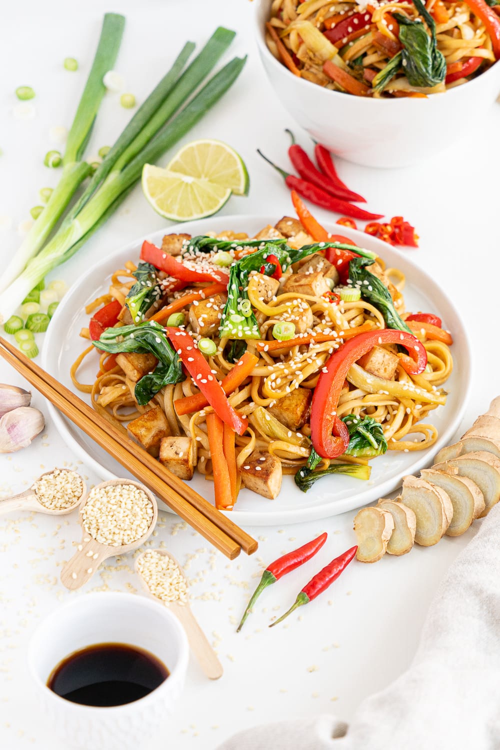 Three quarter view of plate with noodles